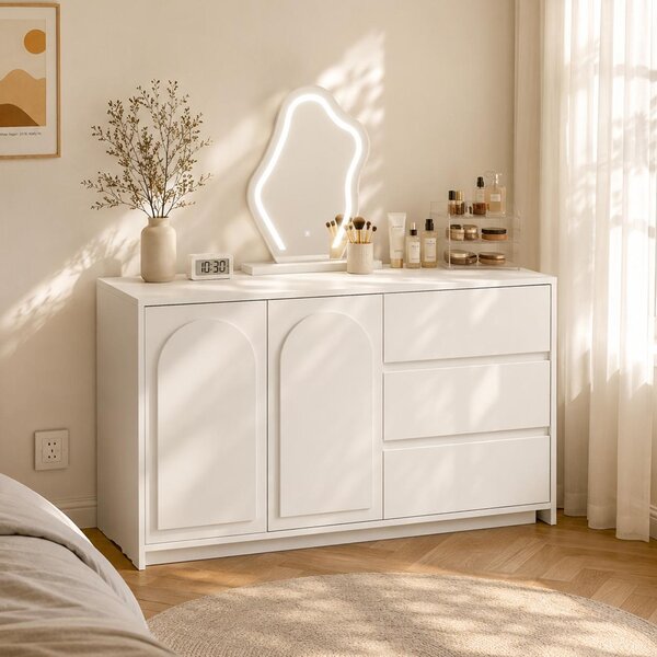 Kosmetický stolek, rozměry 140x75x40 cm, s LED zrcadlem, výsuvnou deskou, 3barevným osvětlením, 3 zásuvkami a 2 úložnými prostory