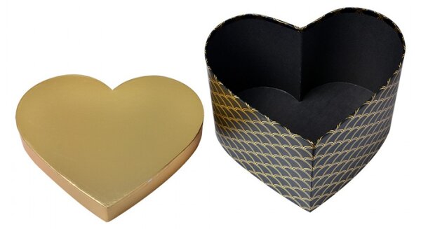 Set 3 černých kartonových úložných boxů se zlatým víkem ve tvaru srdce – 27x24x15/24x21x14/21x19x12 cm
