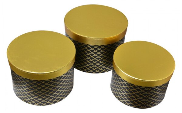Set 3 černých kulatých kartonových boxů se zlatým víkem – 25x17/23x16/21x14 cm