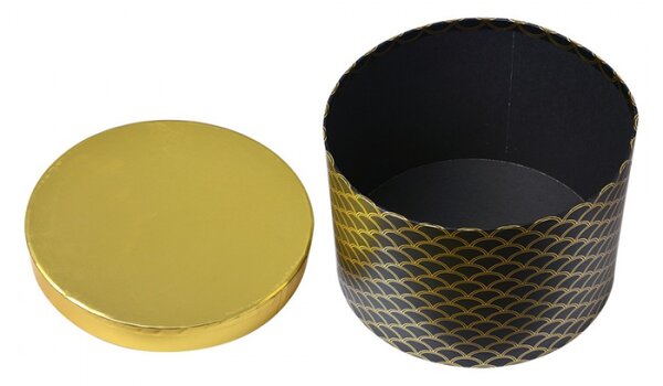 Set 3 černých kulatých kartonových boxů se zlatým víkem – 25x17/23x16/21x14 cm