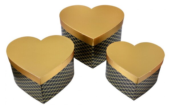 Set 3 černých kartonových úložných boxů se zlatým víkem ve tvaru srdce – 27x24x15/24x21x14/21x19x12 cm