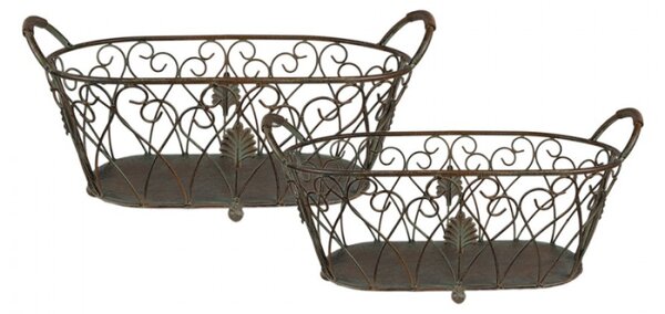 Set 2 hnědých drátěných obdélníkových košíků s rostlinným motivem Arend – 60x30x26 / 49x23x22 cm