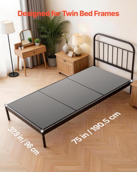 VEVOR Podložka pod matraci, rozměr Twin, 190,5 x 96 cm, skládací, s popruhy na suchý zip, PP jádro potažené tkaninou Oxford 600D, zabraňuje prohýbání pro kovové rámy, palandy a rozkládací pohovky