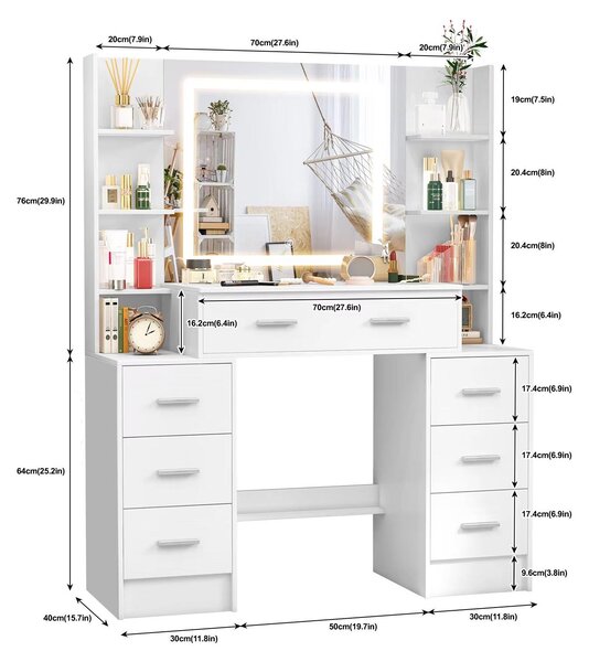 Toaletní stolek s LED zrcadlem - bílý - dřevěný - moderní, minimalistický - nábytek do ložnice