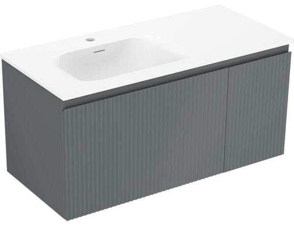 Mexen Rivel, koupelnová skříňka 100 cm s umyvadlem Vela vlevo, 1S, 1D, drážkovaná, grafitová matná/bílá matná, 91A23-10047-3-BBFF66-W23L01