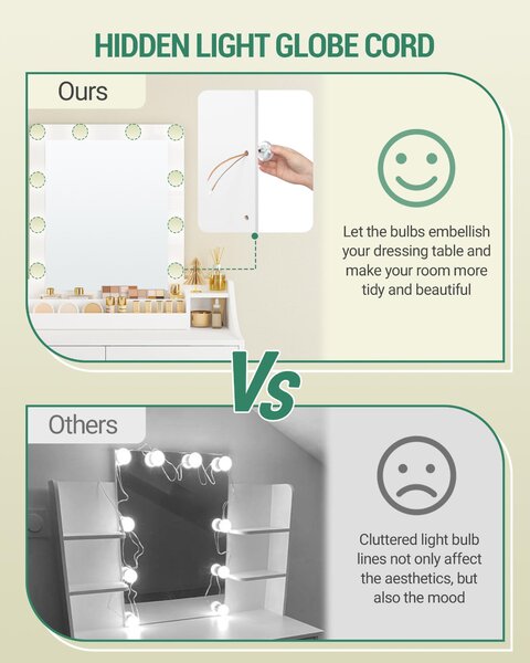 Toaletní stolek s LED osvětlením – bílý – 2 zásuvky – z dřevotřísky – moderní, minimalistický design