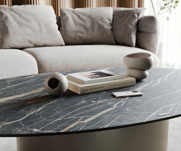 DELIFE Konferenční stolek Casilda 150x90 cm keramika Laminam®Noir Desir hnědá středová podnož titanové efektové provedení