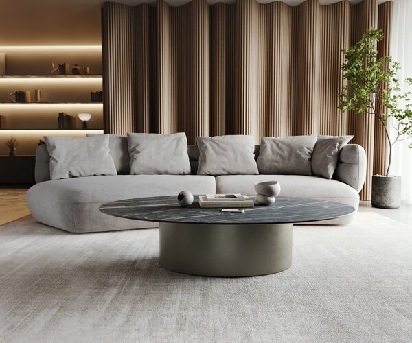 DELIFE Konferenční stolek Casilda 150x90 cm keramika Laminam®Noir Desir hnědá středová podnož titanové efektové provedení