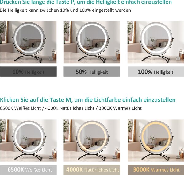 EMKE 360° otočné zrcátko na líčení s LED osvětlením, studené bílé, neutrální a teplé světlo Hollywoodské zrcátko, stojanové zrcátko na líčení s inteligentním dotykovým ovládáním, nastavitelným jasem a paměťovou funkcí