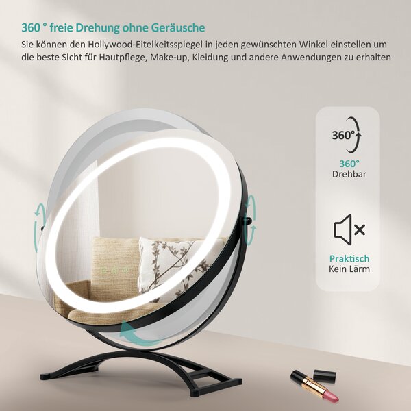 EMKE 360° otočné zrcátko na líčení s LED osvětlením, studené bílé, neutrální a teplé světlo Hollywoodské zrcátko, stojanové zrcátko na líčení s inteligentním dotykovým ovládáním, nastavitelným jasem a paměťovou funkcí