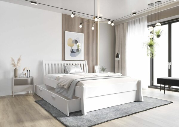 Dřevěná postel Nordica bílá s úložným prostorem, 140x200cm, masiv borovice