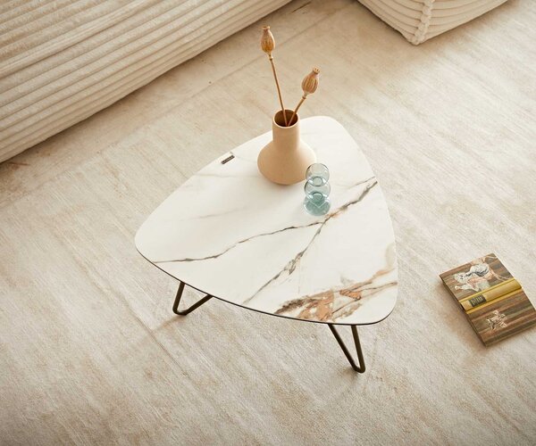 DELIFE Konferenční stolek Ekrem 65x65 cm keramika Calacatta Luxe bílá zlatá šedá Hairpin kulatý kov titanová efektová úprava