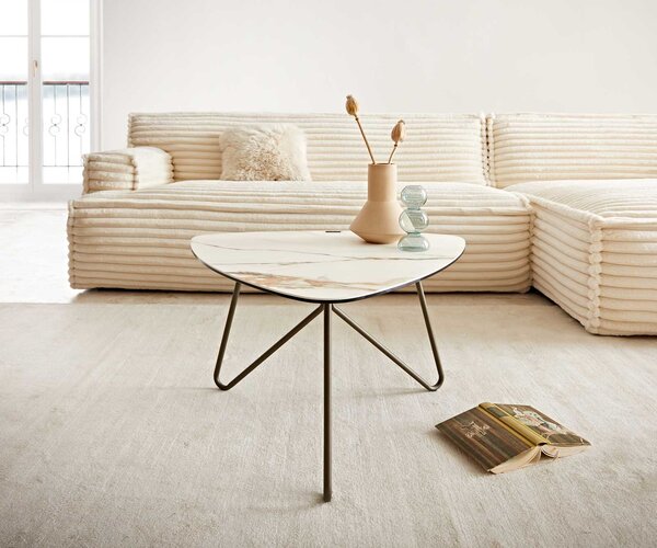 DELIFE Konferenční stolek Ekrem 65x65 cm keramika Calacatta Luxe bílá zlatá šedá Hairpin kulatý kov titanová efektová úprava