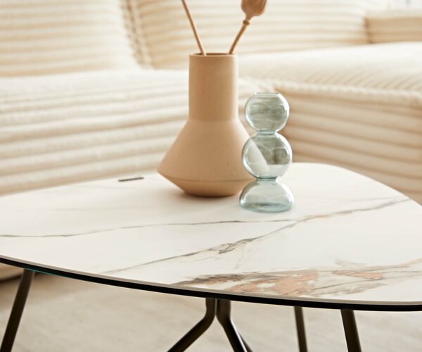 DELIFE Konferenční stolek Ekrem 65x65 cm keramika Calacatta Luxe bílá zlatá šedá Hairpin kulatý kov titanová efektová úprava
