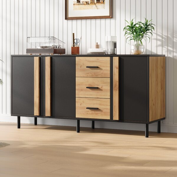 Komoda, rozměry 140x35x70 cm, materiál MDF, 3 dvířka, 3 zásuvky, 6 kovových nohou, moderní design, vhodná do obývacího pokoje