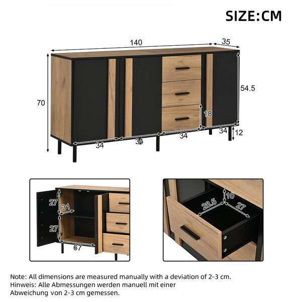 Komoda, rozměry 140x35x70 cm, materiál MDF, 3 dvířka, 3 zásuvky, 6 kovových nohou, moderní design, vhodná do obývacího pokoje
