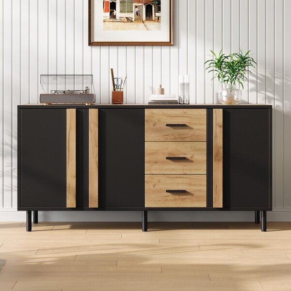 Komoda, rozměry 140x35x70 cm, materiál MDF, 3 dvířka, 3 zásuvky, 6 kovových nohou, moderní design, vhodná do obývacího pokoje