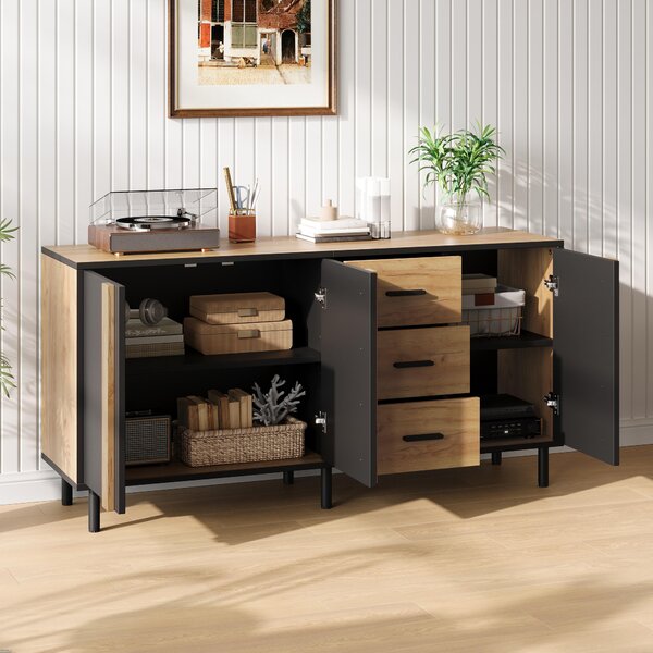 Komoda, rozměry 140x35x70 cm, materiál MDF, 3 dvířka, 3 zásuvky, 6 kovových nohou, moderní design, vhodná do obývacího pokoje