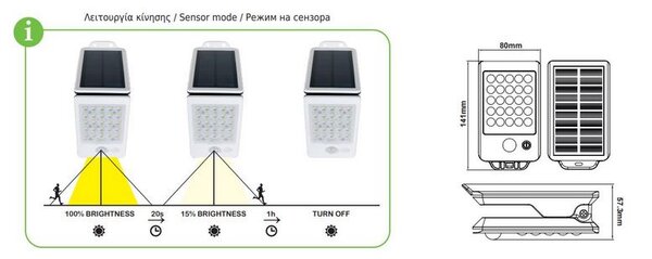 ACA Lighting LED solární svítidlo ELISA se senzorem pohybu 2W/4000K/200Lm/IP65/Li-on 3,7V/1mAh, bílé