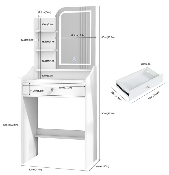 Kosmetický stolek s LED zrcadlem – bílý – dřevěný – moderní toaletní stolek – nábytek do ložnice