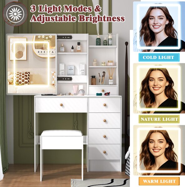 Kosmetický stolek se zrcadlem - bílý - MDF - moderní design