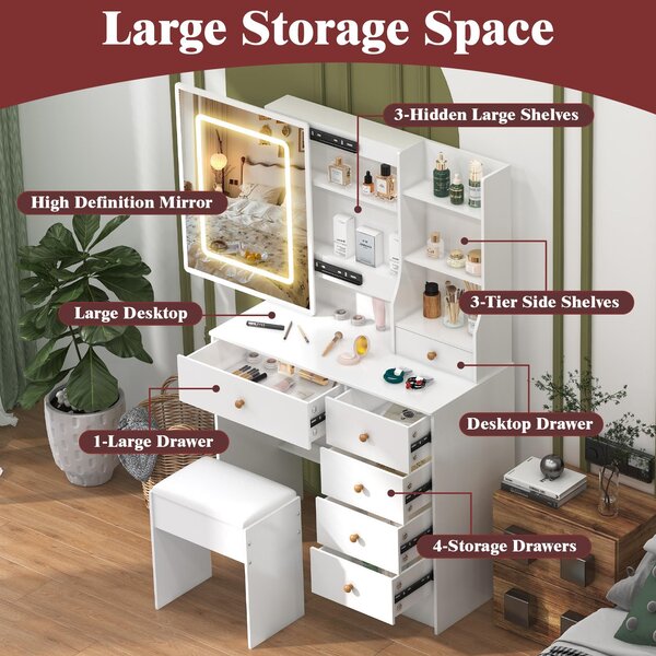 Kosmetický stolek se zrcadlem - bílý - MDF - moderní design