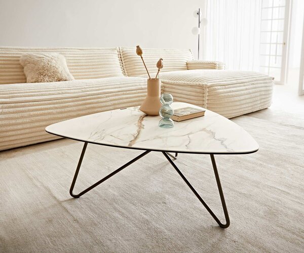 DELIFE Konferenční stolek Ekrem 88x85 cm keramika Calacatta Luxe bílá zlatá šedá Hairpin kulatý kov titanový efektový povrch