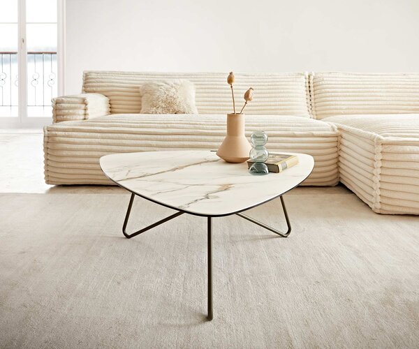 DELIFE Konferenční stolek Ekrem 88x85 cm keramika Calacatta Luxe bílá zlatá šedá Hairpin kulatý kov titanový efektový povrch
