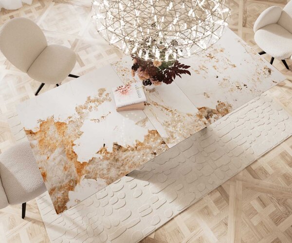 DELIFE Jídelní stůl Edge 180-220x100 keramika Minas Melange bílá béžová křížová podnož obdélník černý rozkládací