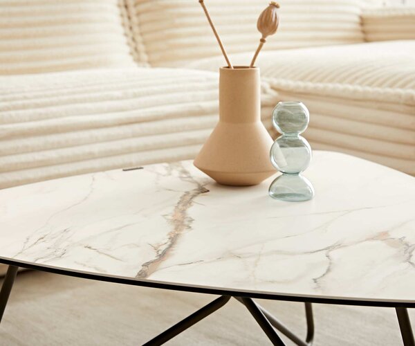 DELIFE Konferenční stolek Ekrem 88x85 cm keramika Calacatta Luxe bílá zlatá šedá Hairpin kulatý kov titanový efektový povrch