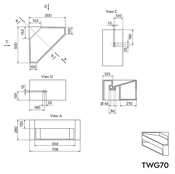 Rohové umyvadlo TWG70 - minerální odlitek