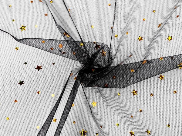 Oděvní / dekorační tyl s hvězdičkami s hologramem barva 6 černá zlatá, 1 m