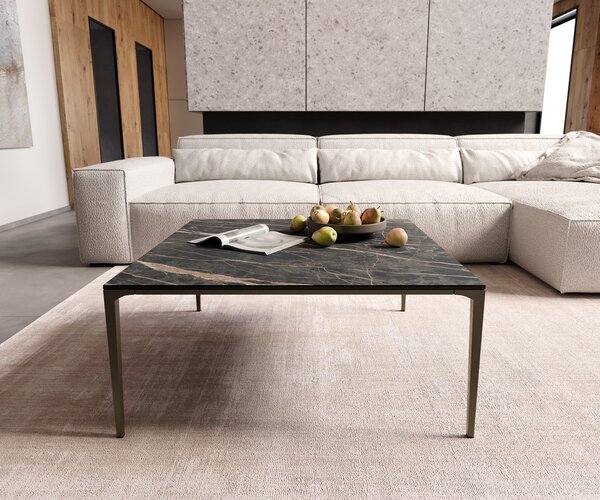 DELIFE Konferenční stolek Levente 85x85 cm keramika Laminam® Noir Desir hnědá podnož kov titanová barva