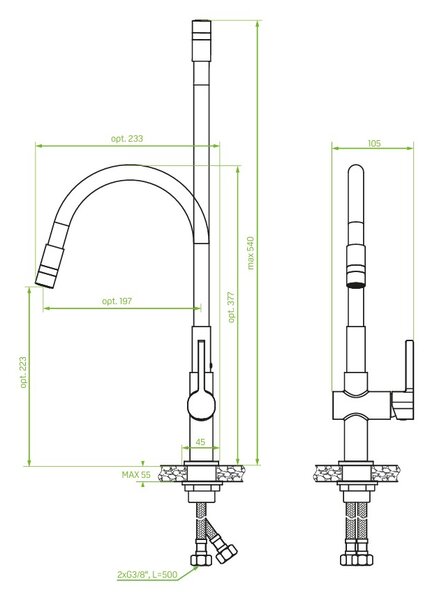 Laveo Alita, stojánková dřezová baterie s elastickým ramenem, 2-funkční výtok, černá matná, LAV-BVA_B62D