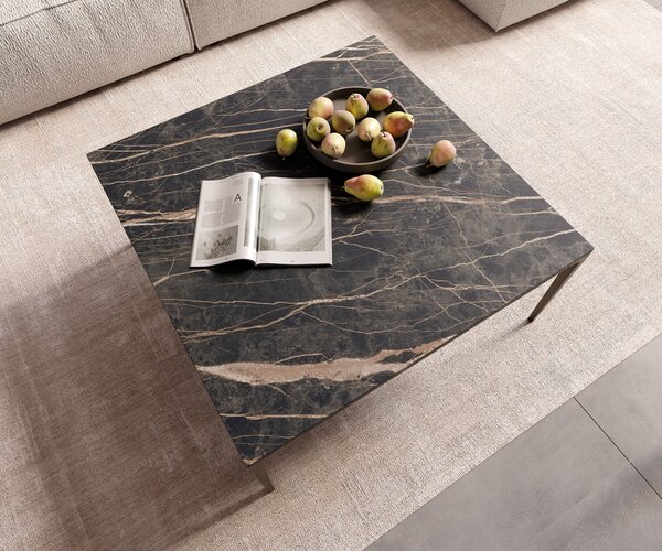 DELIFE Konferenční stolek Levente 85x85 cm keramika Laminam® Noir Desir hnědá podnož kov titanová barva