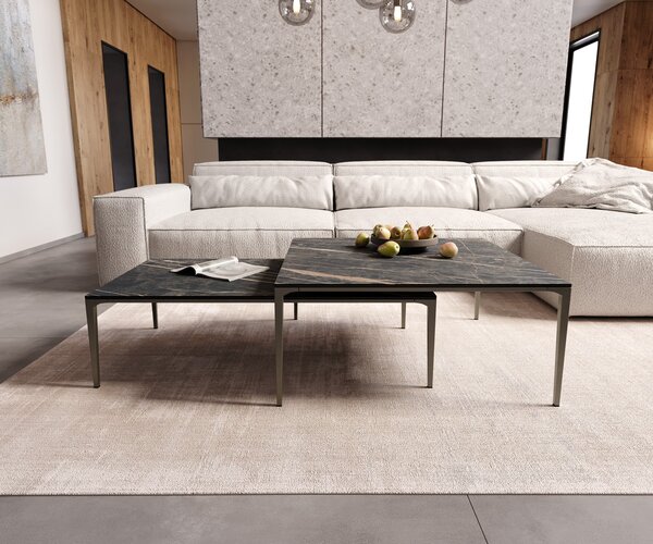 DELIFE Konferenční stolek Levente 85x85 cm keramika Laminam® Noir Desir hnědá podnož kov titanová barva