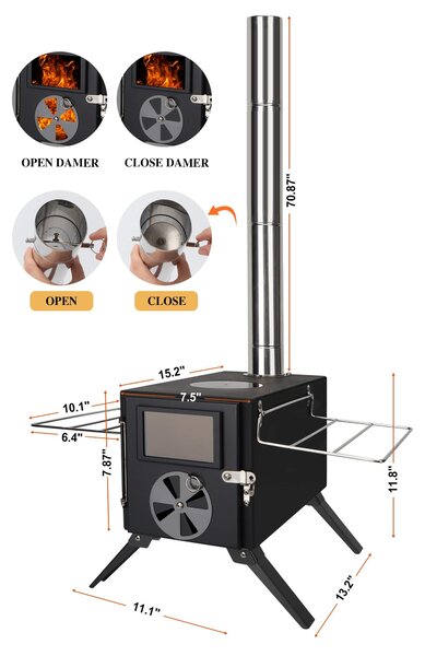 Přenosný krb na dřevo pro kempování – výkon 3500 wattů – rozměry 39x19x30 cm – nerezová ocel