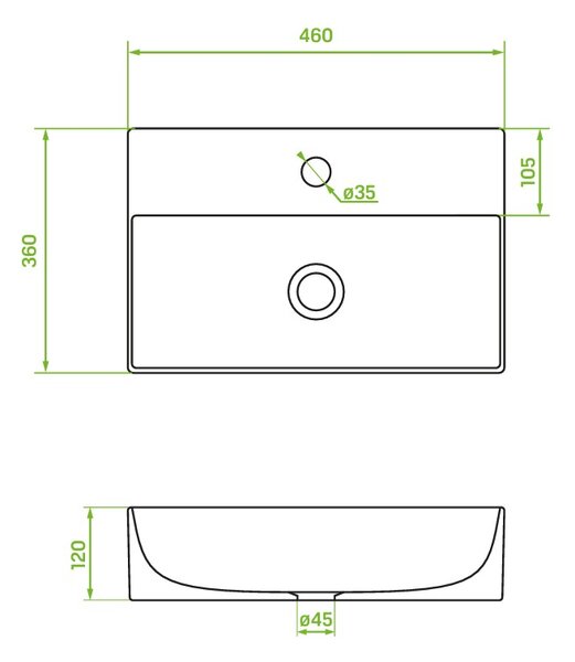 Laveo Kvadrato, keramické umyvadlo na desku nebo na zeď 460×360×120 mm, bílá lesklá, LAV-VUK_6146