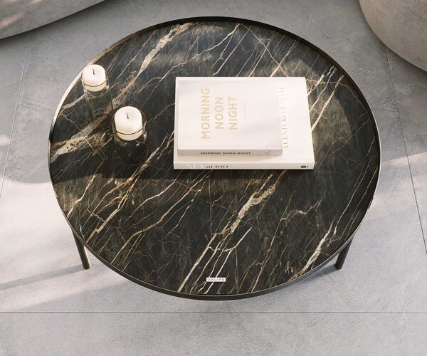 DELIFE Konferenční stolek Torell 80x80 cm keramika Laminam®Noir Desir hnědá kovový rám titanový efektový povrch