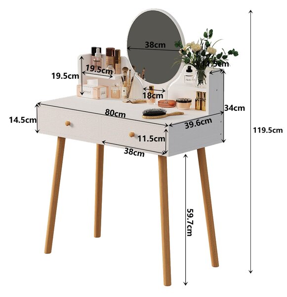 Kosmetický toaletní stolek s make-up zrcadlem bílý velký se zásuvkami na make-up