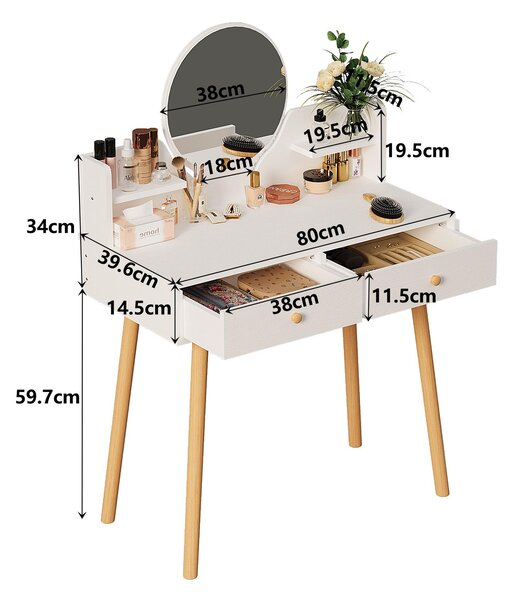 Kosmetický toaletní stolek s make-up zrcadlem bílý velký se zásuvkami na make-up