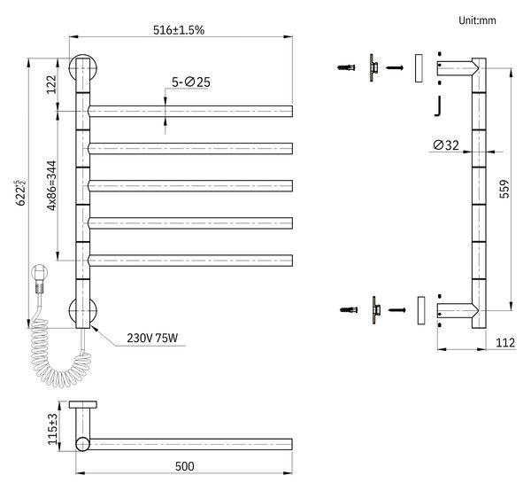 Gamma Awry, elektrický koupelnový radiátor s otočnými rameny 516x622 mm, 75W, černá, GMA-AWRY-622516-BK