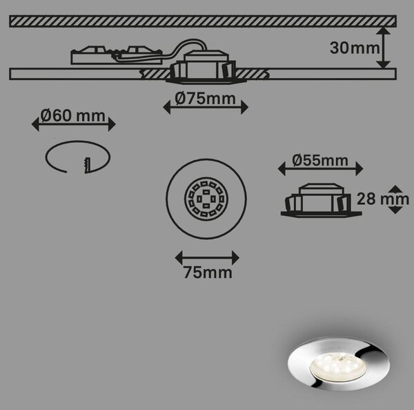 BRILONER LED vestavné svítidlo, pr. 7,5 cm, chrom IP44 BRI 7204-018