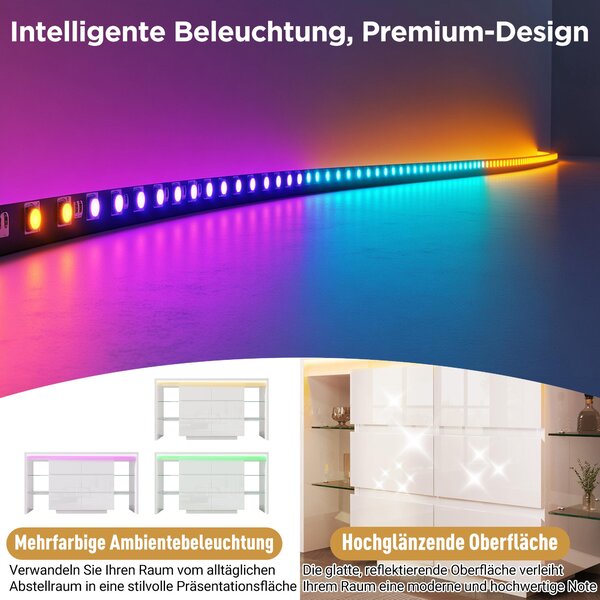 Komoda/Skříňka 155x40x80, lesklý povrch, LED osvětlení s ovládáním přes aplikaci, 6 zásuvek, 4 skleněné police