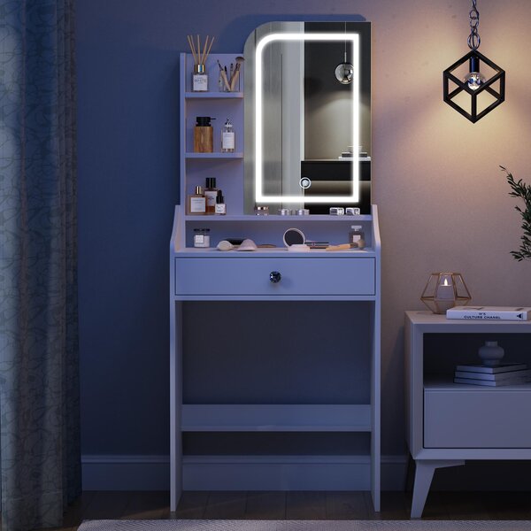 Toaletní stolek s LED zrcadlem - bílý - MDF - 62x40x150 cm - stolek na líčení