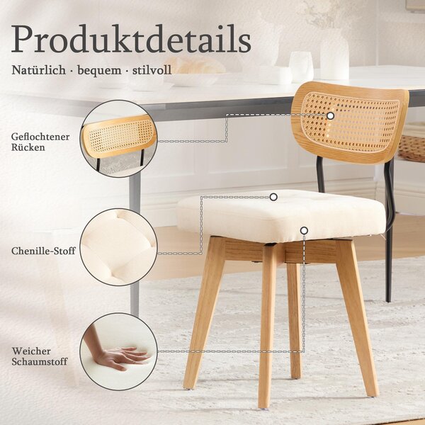 Dvoudílná sada jídelních židlí, otočné o 360°, s propletenou opěradlem, polstrované, styl mid-century, materiál chenille