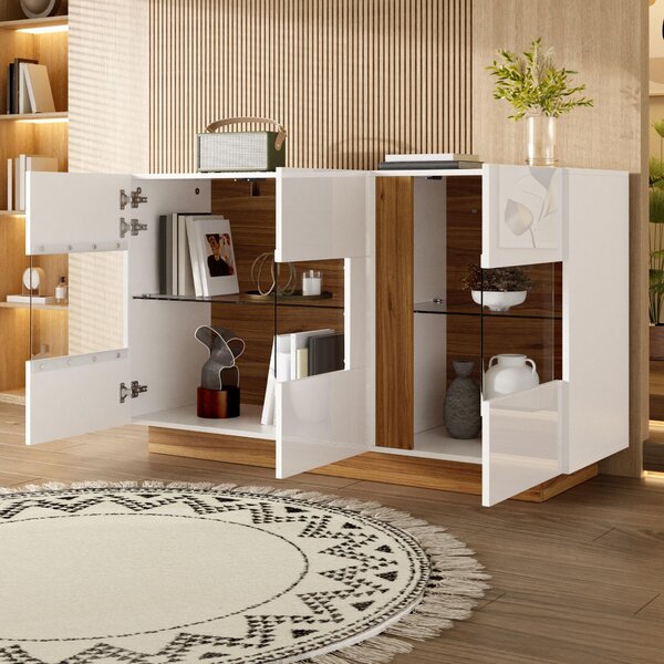 Komoda/Skříňka 120x38x80, 3 dveře z akrylu, 2 přihrádky, stmívatelné LED osvětlení, elegantní design