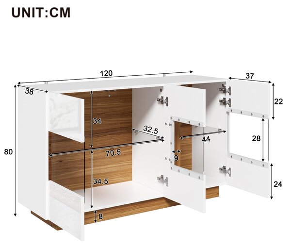 Komoda/Skříňka 120x38x80, 3 dveře z akrylu, 2 přihrádky, stmívatelné LED osvětlení, elegantní design
