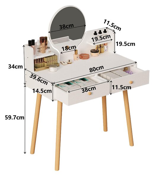 Kosmetická toaleta se zrcadlem, bílá, na make-up, velká, se zásuvkami na kosmetiku