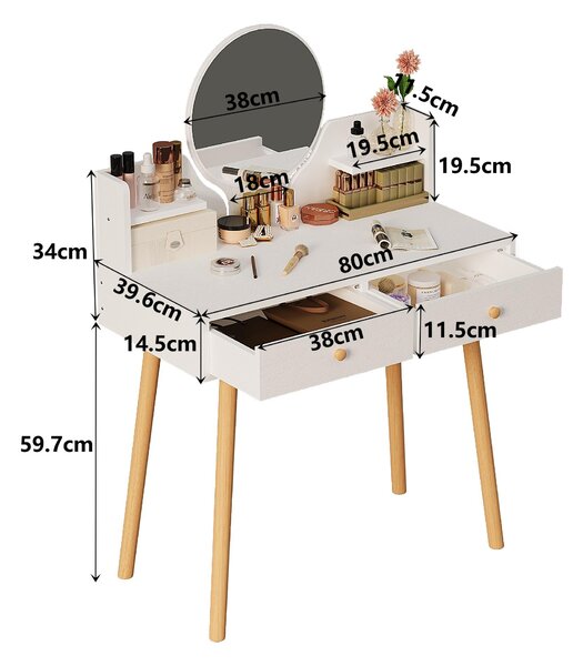 Kosmetický stolek o šířce 80 cm s toaletním zrcadlem, bílé barvy, s prostornými zásuvkami v industriálním stylu
